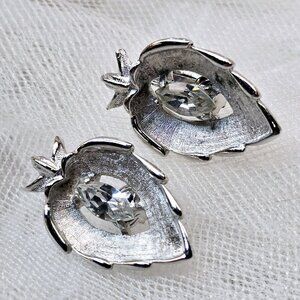 Vtg Sarah Coventry Earrings Rhinestone Navette Clip on Earrings Silver Tone Leaf